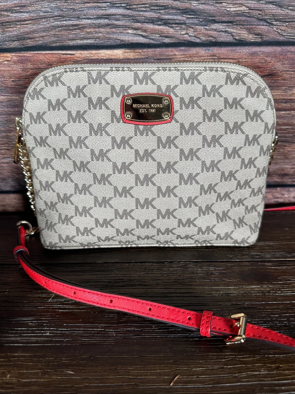 Michael Kors Cindy Beige MK Monogram Crossbody with Bright Red Strap